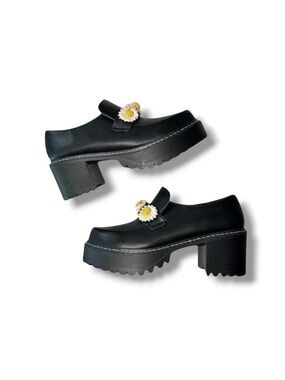 Koi Footwear Black Faux Leather Primrose Flower Chunky Heel Platform Loafers 9